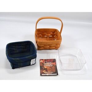Longaberger 2001 Tarragon Basket Blue Cloth Liner Clear Protector Single Handle